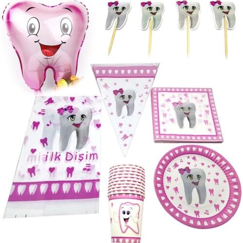 Birthday Party Pink First Tooth Tableware Set Decorate Balloons Plates Cups Tablecloth Banner Flags Baby Shower Napkins 66pc/lot