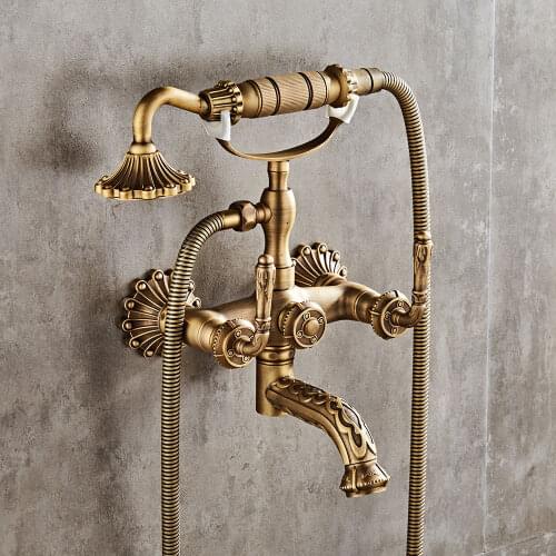 European Style Bathroom Tub Shower Faucet Set Gold Bathtub Tap Mixer Vintage Faucet Wall Mounted Brass Taps Hot and Cold Water