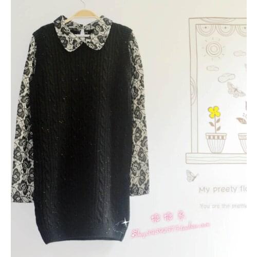 New women Autumn and winter faux two piece turn-down collar lace decorative pattern patchwork multicolour yarn twisted sweater