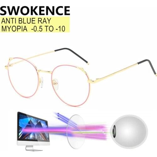 SWOKENCE Blue Light Blocking Myopia Glasses Prescription -0.5 to -10 Men Women Cat Ears Nearsighted Optical Spectacles F167