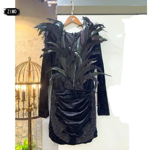 Autumn new style Black feather Long Sleeve Short Dresses Prom V Neck Velvet Mini Cocktail Dress Gowns Party birthday celebrity