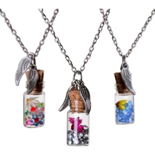 Drifting Bottle Filled Crystals Pendant Necklace For Women Girls Natural Dry Flower Necklace With Wing Charms Party Gift