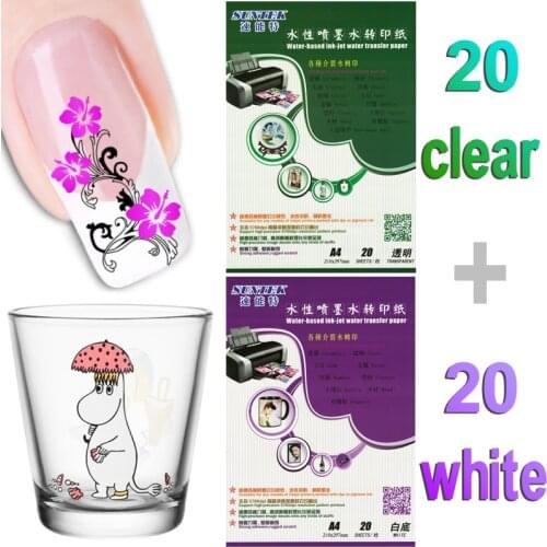A4 Inkjet Clear White Water Slide Transfer Decal Paper ( 20sheets clear + 20sheets white) Waterslide Nail Stickers