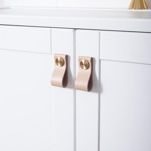 Hand brass real cow leather small handle anti-collision modern simple light luxury drawer wardrobe door cow leather pull hand