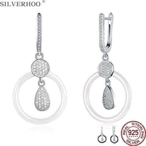 SILVERHOO Sterling Silver 925 Jewelry Water Drop Cubic Zirconia Earrings Dangle For Women Round Black Ceramics Drop Earring Hot
