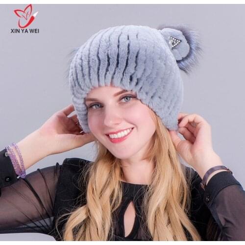 Womens fur winter hat natural rex rabbit russian fox fur cap female fur headdress 2020 brand new fashion warm beanies cap
