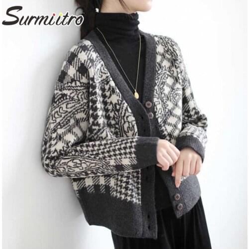 SURMIITRO Cardigan Women 2021 Autumn Winter Vintage Plaid Korean Style Long Sleeve Sweater Female Knitted Jacket Coat Knitwear