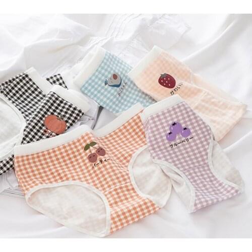 Womens Panties Girls Ladies Girls Underwear Plaid Fruit Print Cute Girl Mid-waist Briefs Students Underwear