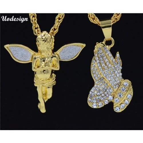 Uodesign 2pcs/lot Hiphop Jesus Praying Hands Angel Pendant Necklace Iced Out Gold Color Charm Pendant with Chain