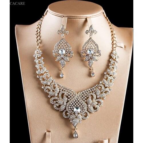 Vintage Jewelry Sets Women Big Necklace Earring Set Indian Dubai Gold Jewellery F1119 Rhinestone Party Jewels 7 Colors CACARE