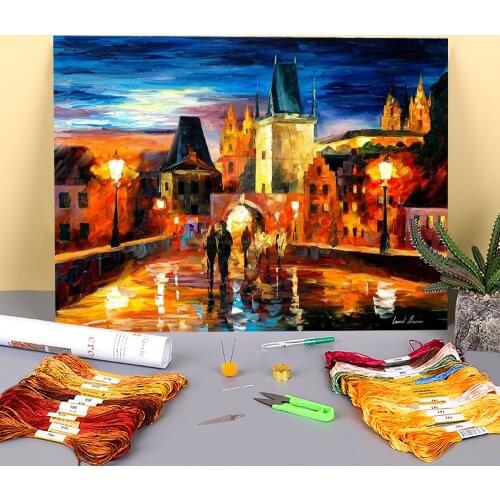 Night In Prague Printed Fabric 11CT Cross Stitch DIY Embroidery Set DMC Threads Craft Handicraft Handiwork Hobby Home Design