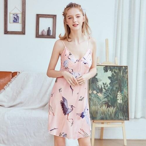 Ladies Sexy Nightdress Silk V-neck CraneSleepwear Lingerie Babydoll Nightgown Short Sleeveless Women Sleepshirt Size M L XL