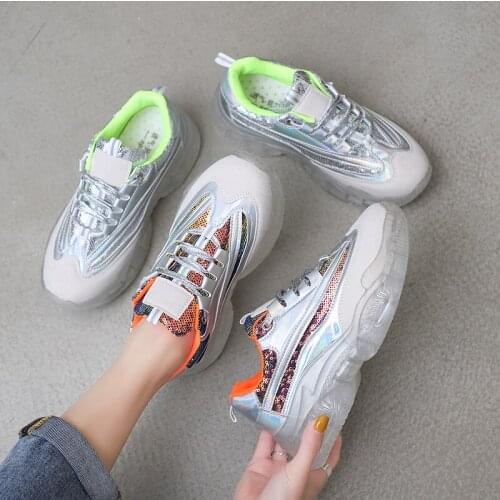 2020 Womens Shoes Ladies Fashion Transparent Soles Colored Sequins Leisure Breathable Sneakers Lace-up Single Footwear U17-94