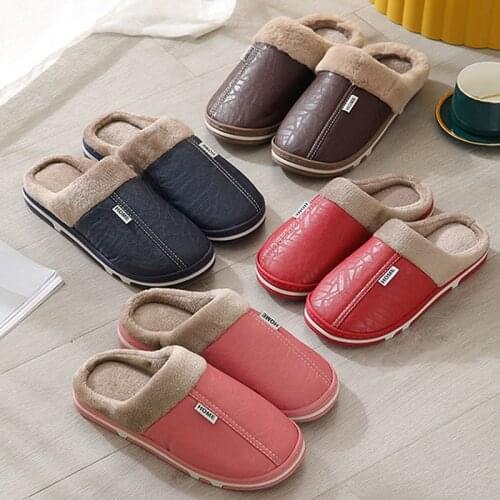 2021 New Waterproof Leather Slippers Women Winter Warm Cotton Closed Toe Footwear Slip on Flat Platform Shoes Soft Plush Slides