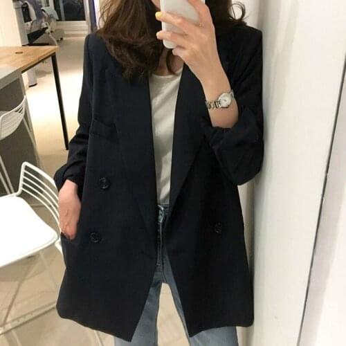 Women Suit Korean Style Loose Casual Fashion Long Sleeve Black Suit Plus Size Girls Double Breasted Blazer Ladies Office Wear