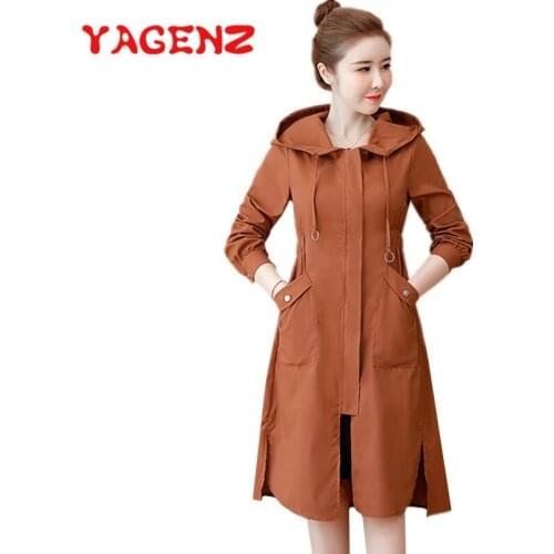 YAGENZ Spring and Autumn Trench Coat For Women Plus size Coat Outerwear Fashion Female Overcoat Windbreaker Long Coat Hooded 818