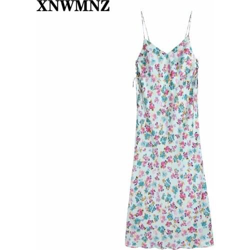 XNWMNZ 2021 Summer Camisole Dress Women Floral Printed V Neck Dresses Female Party Vestido Elegant Girls Backless Causal Outfits