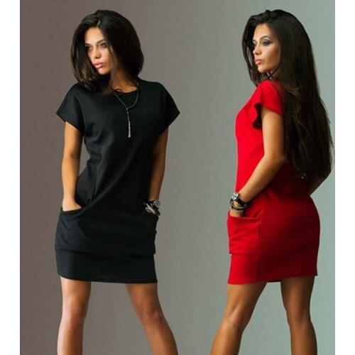 Hot solid o-neck two side pocket black dresses women fall fashion mini dress casual broadcloth short sleeve summer dresses