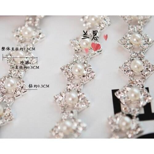 Very Hot 1 Yard 15mm Shiny Rhinestone Imitation Ivory Pearl Costume Chain Applique Trim For Beatiful Women