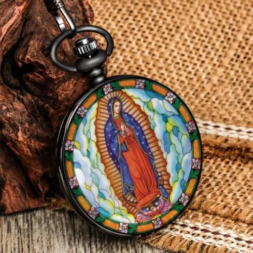Virgin Mary Vintage Quartz Pocket Watch Fine Pattern Clock Classic Dial Alloy Thick Chain Birthday Religious Gifts