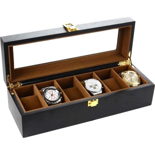Wooden Watch Box 6 Slots With Lock Glass Sunroof Mechanical Watch Jewelry Storage Collection Display Box For Men Women Gifts