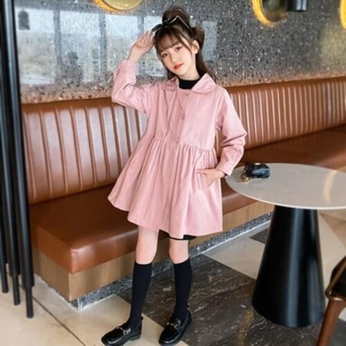 Girl Kids Double Breasted Outwear Trench Coat Teens Girl Windbreaker Clothing 2021 Fall Solid Pink Clothes School Outfits 5-13Y