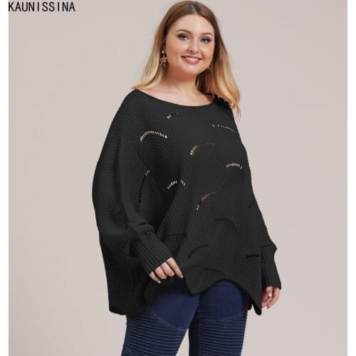 Women Plus Size Sweaters Fashion Hollow Out Irregular Loose Batwing Sleeve Knitted Pullover Female Knitwear Sweaters Oversized