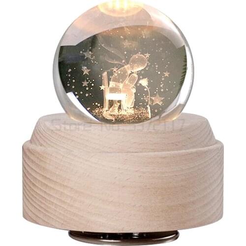 Crystal Ball Carousel Wood Music Box Little Prince with Light Rotatable Birthday Gift for Girlfriend Home Decoration Accessories