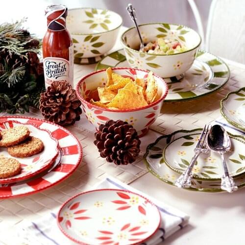 Ceramic Tray Cutlery Dinnerware Set Plate Rice Bowl Round Plate Dessert Tray Dinner Plates Retro Flower Food Container Tableware