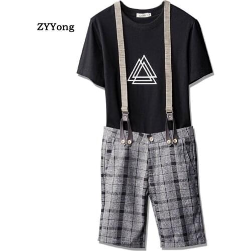 New Summer Thin Section Stripe Lattice Mens Shorts Bib Overalls Fashion Leisure Gentleman Style Slim Jumpsuits Pants Size 38