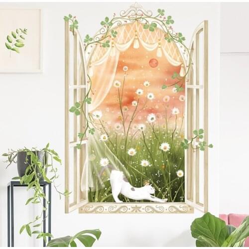 Creative Wall Stickers Self Paste Painting Window Scenery Cat False Window Wall Decoration Bedroom Room Decoration Aesthetic
