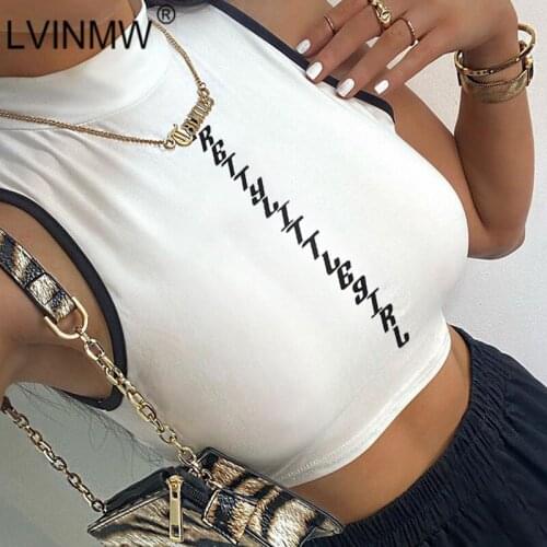LVINMW Mock Neck Sleeveless Letter Print Patchwork Basic Casual Slim Tank Hit Color Fashion Simple Navel Summer Women Tops