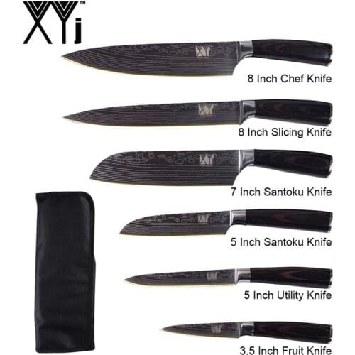 7PCS Kitchen Chef Knives Set With Carrying Knife Bag Damascus Pattern Veins Blade Knife Wood Handle Santoku Utility Knife