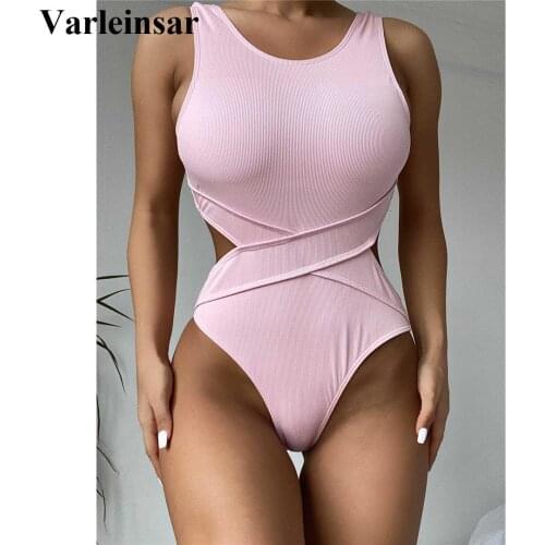 New 2021 Sexy Cut Out Padded One Piece Swimsuit Women Swimwear Female High Leg Cut Ribbed Bather Bathing Suit Swim Lady V3195