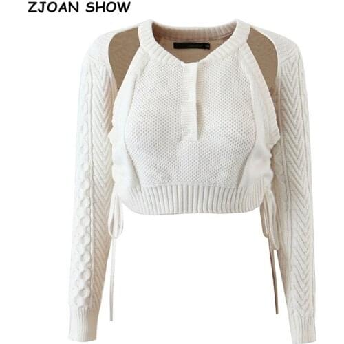 2021 Autumn False 2 pieces Set Pullovers Cropped Sweater Sexy Side Lacing up Knitwear Open Button V neck Long Sleeve Jumper Tops