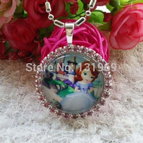 10pcs kids Girl Elsa Anna sofia princess Flatback button rhinestone Pendant Necklace Cabochon Decoration Dress Xmas gift