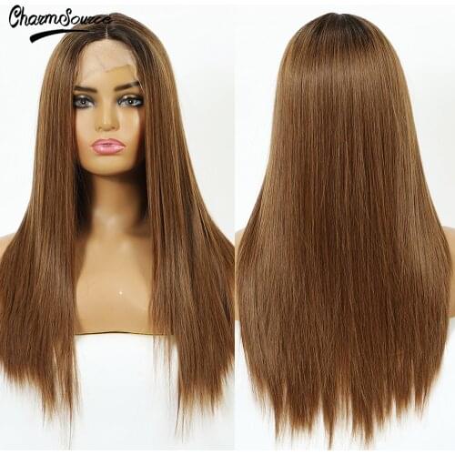 CharmSource Medium Long Straight Lace Part Synthetic Wig Blonde Brown for Women Daily Hair High Density Heat Resistant
