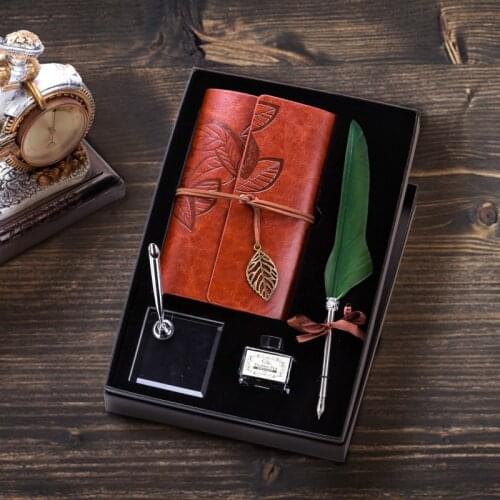 Feather Dip Pen with Retro Notebook Creative Gift Box Set Ink Calligraphy Pen Set Quill Fountain Writing Pens Birthday Gift