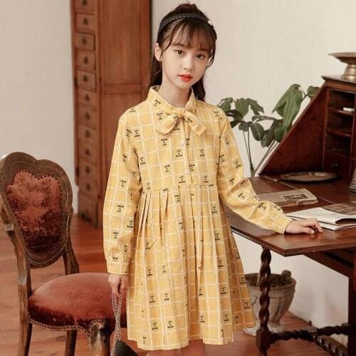 Korean Style Print Dress For Girls Autumn Spring Long Sleeve Bow Knee Length Gowns Children Birthday Party Dresses Clothes 5-14Y