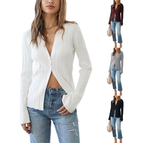 IMCUTE Y2K Chiffon Rib Knit Cardigan Top Simple Fashion Casual Lapel Deep V Button Long Sleeve Cardigan Solid Color Jacket