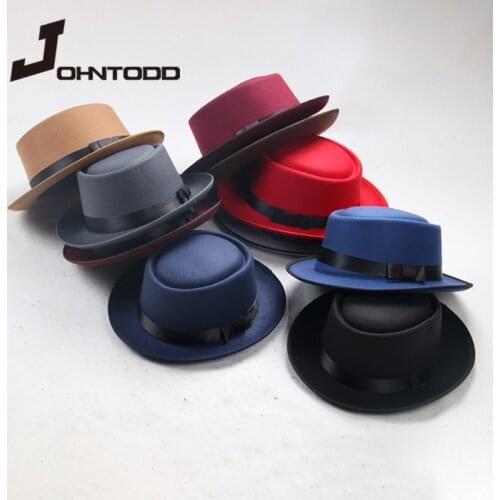 Father uses simple faux wool mens black gentleman flat top bowler hat concave top head wearing jazz hat bucket hat woman cap