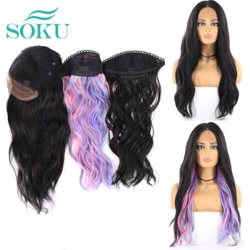 Synthetic Lace Wig Natural Wave Black Purple Color Middle Part Hair SOKU Long 3pcs Can Make 2style Lace Wig For Black Women
