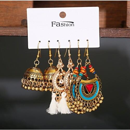Vintage Ethnic New Big Bell Tassel Earrings Set For Women Bohemian Flower Shell Tassel Geometric Water Earring Jewelry Gift