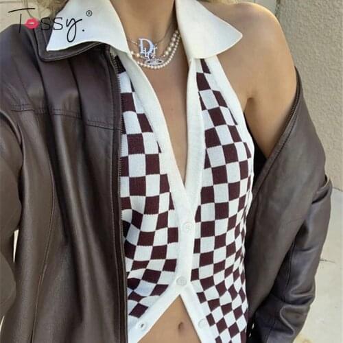 Tossy New Y2k Plaid Womens Sweater Vest Sleeveless Knitted Crop Top Turn Down Collar V-Neck Tank Tops Casual Streetwear
