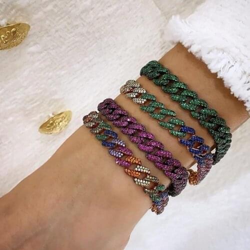 Women hip hop colorful cz cuban chain bracelet 10mm width blue red green cubic zirconia Cuban chain bracelet bangle for women