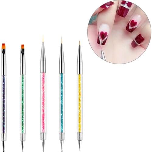 5pcs/set Double Point Nail Art Pen Drill Pull Line Dotting Tool Pen With Glitter Handle Drawing Polish Nail Accessories Tools