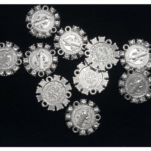 60pcs/PACK Free ship Silver three hole alloy rhinestone charm rosary with st. benedic centerpieces bracelet for women girls gift