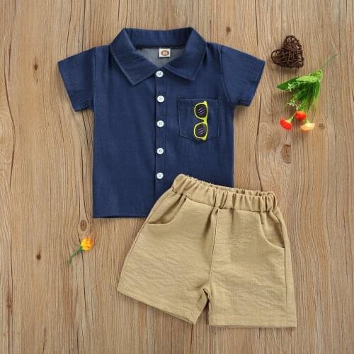 2021 2 Pieces Kids Suit Set, Boys Letter Print Turn-Down Collar Short Sleeve Shirt+ Solid Color Shorts for Summer