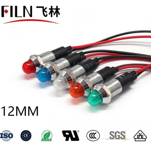 FILN Metal red green blue yellow white 12v 12mm high quality led indicator light with wire