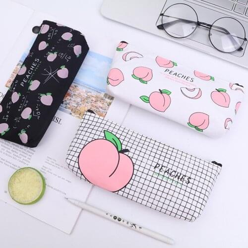 Ellen Brook 1 PCS Kawaii Peach Pen Pencil Case Bag Canvas School Stationary Receive Black Tools Makeup Pouch Cosmetics Case